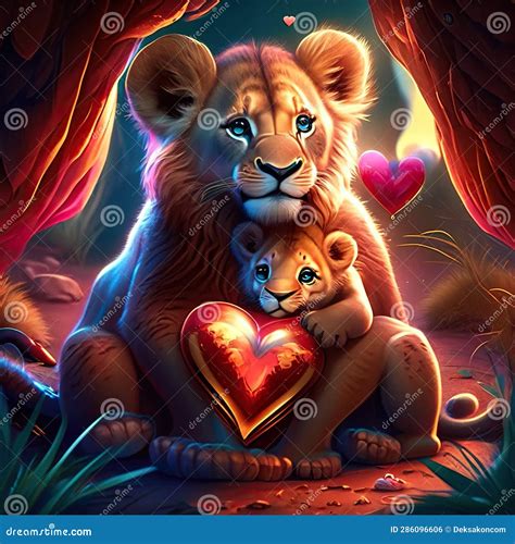 Lion Cubs Hugging Heart Lion and Lion Cub in Love. Valentine S Day Card. AI Generated Animal Ai ...