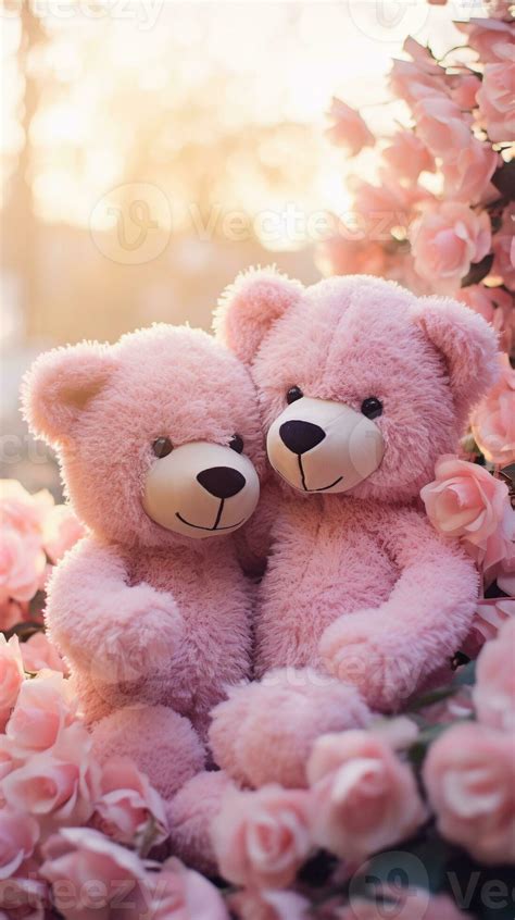 Couple teddy bears hugging flowers garden green grass, Valentine's day ...