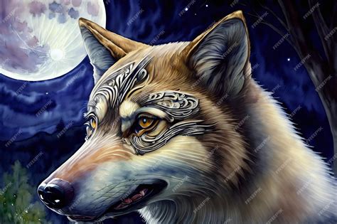 Premium AI Image | A Painting Of A Wolf With A Full Moon In The Background