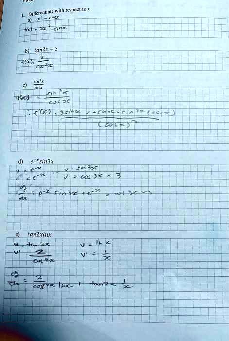 SOLVED: 1. Differentiate with respect to x: cos(x) + cot(2x+3) - tan(x) + e^(sin(3x)) + x^3 ...