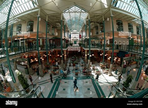 Fisheye lens image of City Square Shopping Centre interior showing food court, Vancouver, BC ...