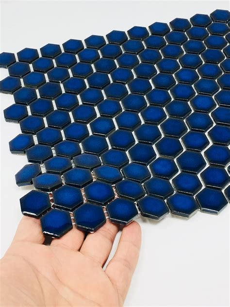 Hexagon Cobalt Blue Porcelain Mosaic Tile Glossy Look 1'' Inch (Box of 10 Sheets), Floor and ...