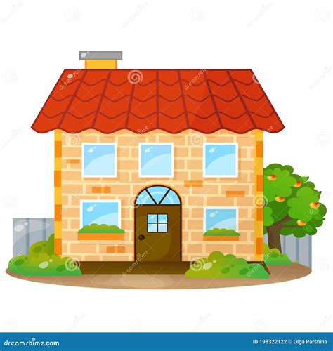 Color Image of Cartoon Brick House with Red Roof on White Background. Vector Illustration for ...