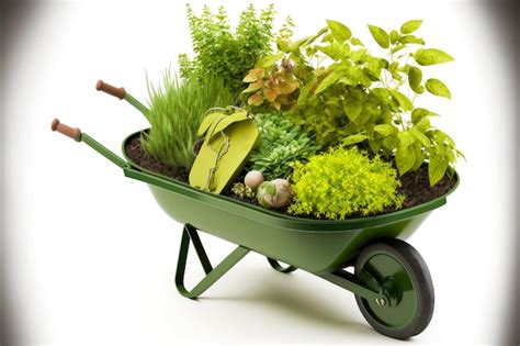 Premium Photo | Green garden wheelbarrow with plants for planting in park