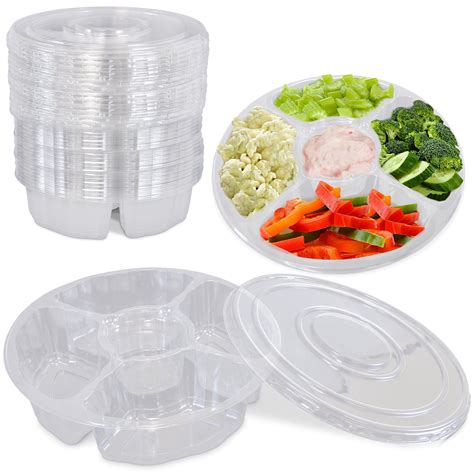 [100 Pack] 10 Inch Round Plastic Appetizer Tray with Lid - 5 Compartment Container,Food Serving ...