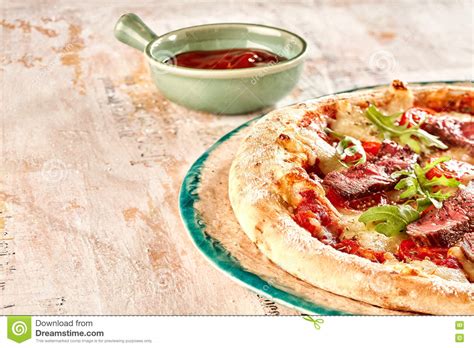 Pizza with Beef and Cheese Toppings with Sauce Stock Photo - Image of pizza, angle: 80283348