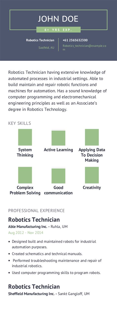 Robotics Technician Resume Example With Content Sample | CraftmyCV