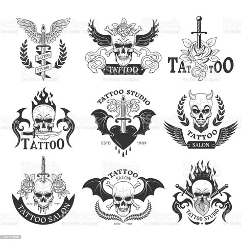 Tattoo Labels Badges For Human Skin Recent Vector Fashioned Templates Of Creative Labels Stock ...