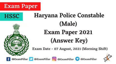 Haryana Police Constable (Male) Exam Paper 07 Aug 2021 (Answer Key) | TheExamPillar