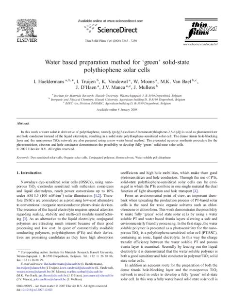 (PDF) Water based preparation method for ‘green’ solid-state polythiophene solar cells | Jules ...