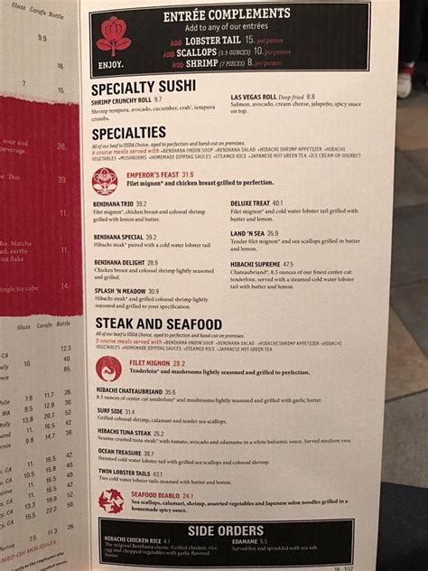 Menu at Benihana restaurant, Burlingame, Old Bayshore Hwy