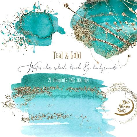 Teal with gold watercolor splash and brush stroke clipart | Etsy