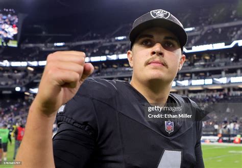 Quarterback Aidan O'Connell of the Las Vegas Raiders gestures as he... News Photo - Getty Images