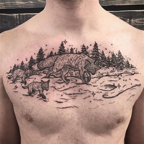 Woodcut style foxes in snow by Jessie Violet of Wallflower Tattoo in Portland, OR : tattoos