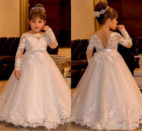 White Lace Baby Girl Dresses 2018 Long Sleeve V Backless Tulle Ball ...