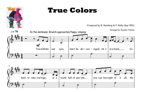 True Colors trolls Piano Sheet Music Score for Grade 5 & Preliminary Solo Instrumental Animation ...