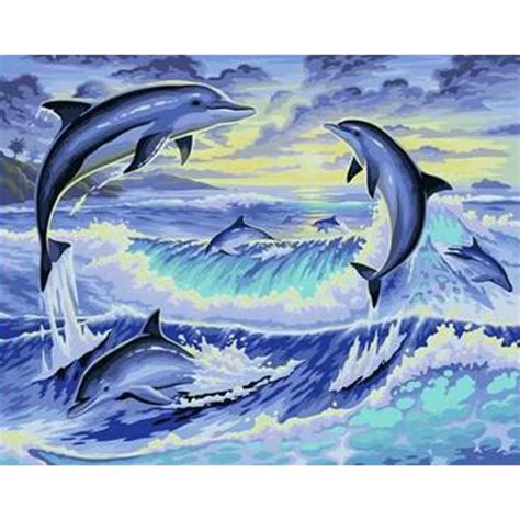 Newest Jumping Dolphin Diy Oil Painting By Numbers Kits Wall Art Picture Home Decor Acrylic ...