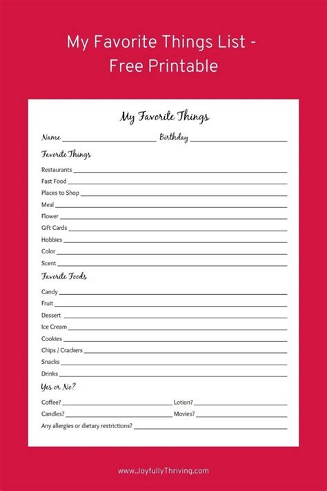 My Favorite Things List Printable - Printable Word Searches