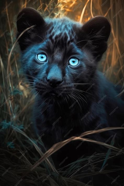 Premium Photo | A black leopard cub in the grass in dark forest ...