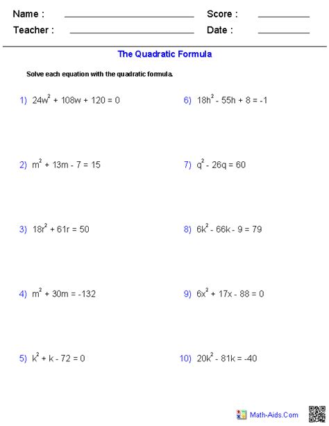 Solving Using The Quadratic Formula Worksheet