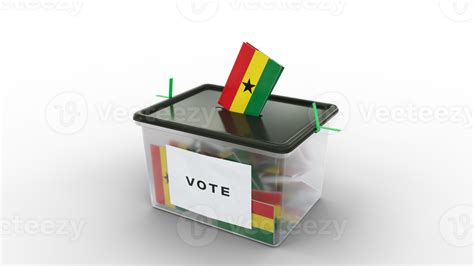 Elections in Ghana. Ballot paper printed in Ghanaian flag colors in transparent ballot box. 3d ...