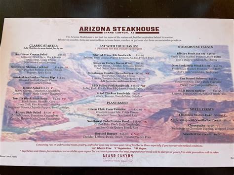 Menu at Arizona Steakhouse, Grand Canyon Village