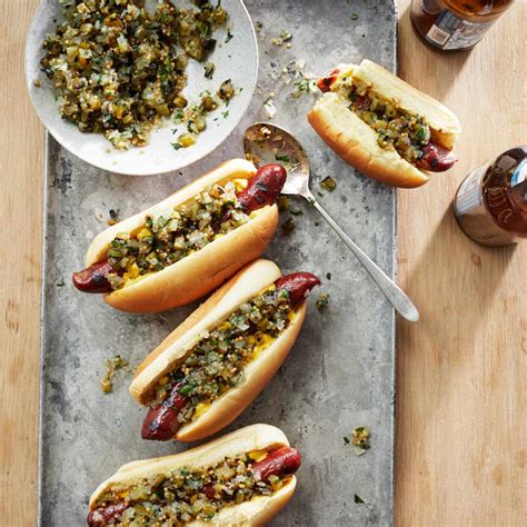 Hot Dogs with Grilled Pickle Relish Recipe - Justin Chapple