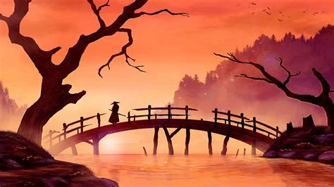 #samurai #bridge painting art #sunset #river #landscape #branch #tree japan art #art #artwork ...