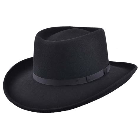 Mens Black Vintage 100% Wool Felt Crushable Gambler Cowboy Hat Curved Wide Brim | eBay