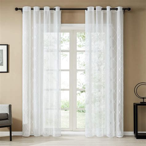 Topfinel White Sheer Curtains 90 Inches Long Embroidered Diamond Grommet Window Curtains for ...