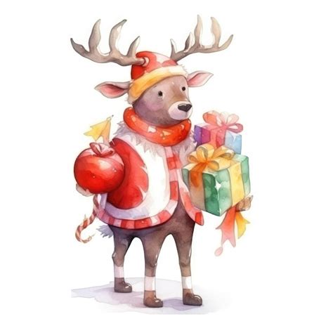 Premium AI Image | Watercolor cartoon deer dressed as santa claus