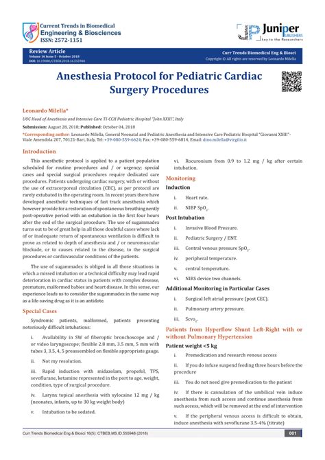 (PDF) Anesthesia Protocol for Pediatric Cardiac Surgery Procedures