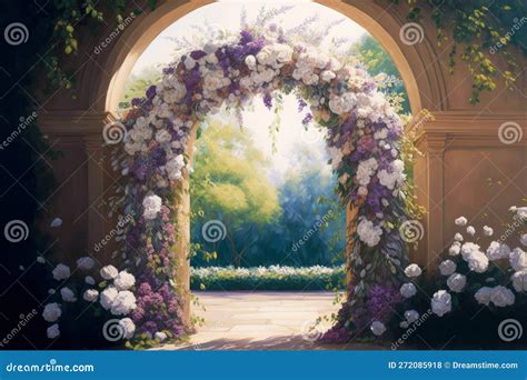 Delicate Ceremonial Wedding Arch with White and Purple Flowers Stock ...