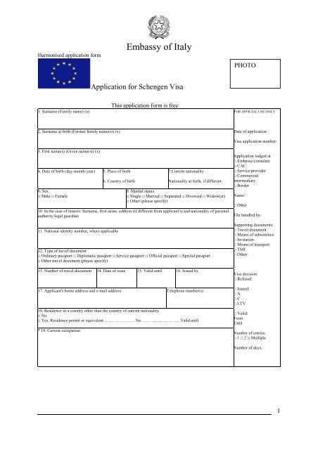 Schengen visa application form