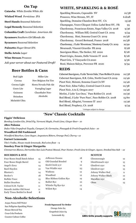 1801 Grille menu in Columbia, South Carolina, USA