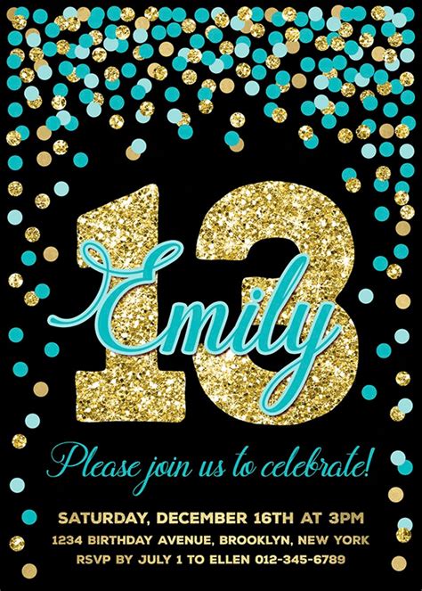 13th Birthday Invitation Printable Teal and Gold Invitations | Etsy