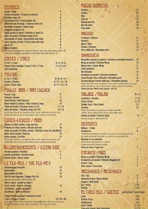 MEX menu in Cantley, Quebec, Canada