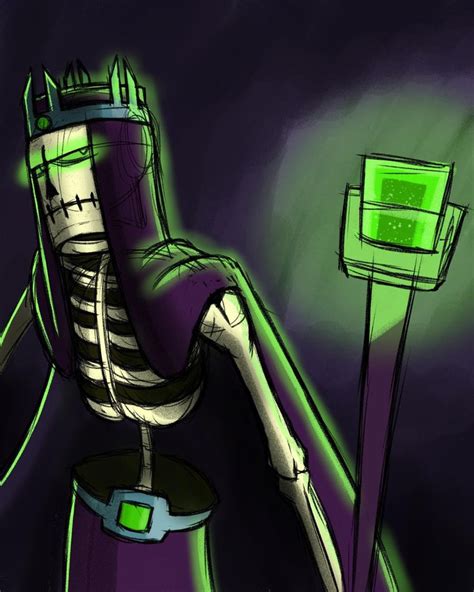 a drawing of a skeleton sitting on top of a stool next to a green light