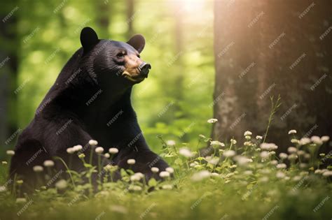 Premium AI Image | A black bear sits in a forest with a forest in the ...