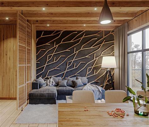 a living room and dining area with wood paneling