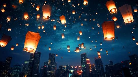 Premium Photo | Night sky filled with flying paper lanterns scenery