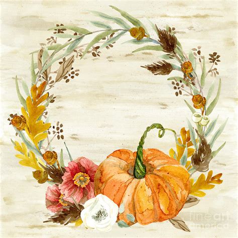 Fall Autumn Harvest Wreath on Birch Bark Watercolor Painting by Audrey Jeanne Roberts - Fine Art ...