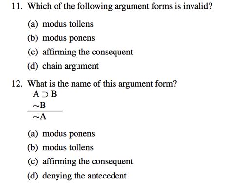 Solved 11. Which of the following argument forms is invalid? | Chegg.com