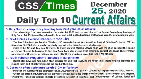 Daily Top-10 Current Affairs MCQs News (December 25, 2020) for CSS, PMS | CSS Times