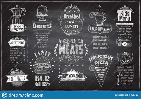 Chalk Menu Board Design for Cafe or Restaurant, Breakfast and Lunch, Fast Food and Pizza, Meats ...