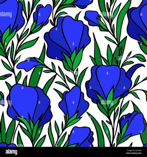 art, seamless pattern of large blue flower buds on a white background, bright floral texture ...