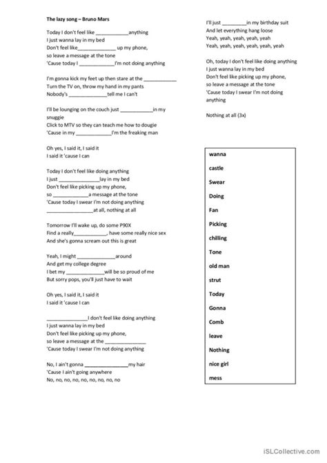 the lazy song by Bruno Mars song and…: English ESL worksheets pdf & doc