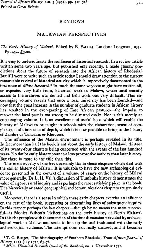 Malawian Perspectives - The Early History of Malawi. Edited by B ...