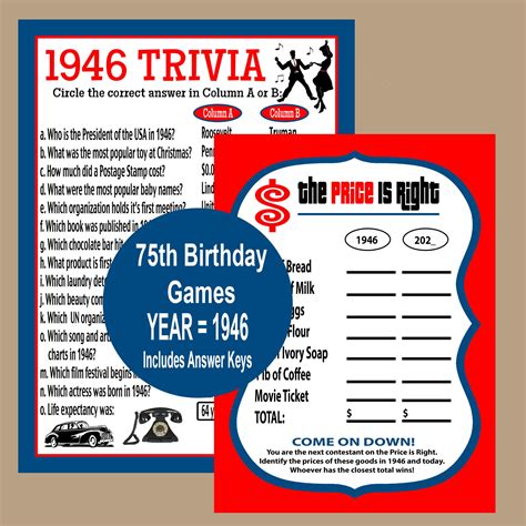 75th Birthday Games 75th Birthday Party 1946 Trivia Game | Etsy