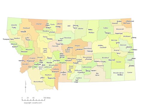 State of Montana County Map with the County Seats - CCCarto